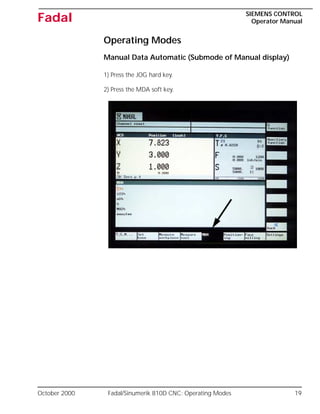 October 2000 Fadal/Sinumerik 810D CNC: Operating Modes 19
SIEMENS CONTROL
Operator Manual
Fadal
Operating Modes
Manual Data Automatic (Submode of Manual display)
1) Press the JOG hard key.
2) Press the MDA soft key.
 