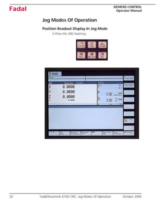 20 Fadal/Sinumerik 810D CNC: Jog Modes Of Operation October 2000
SIEMENS CONTROL
Operator Manual
Fadal
Jog Modes Of Operation
Position Readout Display In Jog Mode
1) Press the JOG hard key.
 