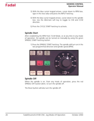 28 Fadal/Sinumerik 810D CNC: Jog Modes Of Operation October 2000
SIEMENS CONTROL
Operator Manual
Fadal
3) With the blue cursor keypad arrows, cursor down to RPM box,
type in the new value and press the INPUT hard key.
4) With the blue cursor keypad arrows, cursor down to the spindle
box. Use the Alternate soft key to toggle to CW and CCW
direction.
5) Press the CYCLE START hard key to activate.
Spindle Start
After establishing the RPM from T,S,M Mode, or at any time in any mode
of operation, the spindle can be turned on manually by using the green
SPINDLE START hard key button.
1) Press the SPINDLE START hard key. The spindle will turn on in the
last programmed direction and spindle speed (RPM).
Spindle Off
When the spindle is on, from any mode of operation, press the red
SPINDLE OFF button alone, to turn the spindle off.
The Reset button will also turn the spindle off.
 
