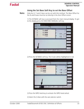 October 2000 Fadal/Sinumerik 810D CNC: Definition of Offsets 33
SIEMENS CONTROL
Operator Manual
Fadal
Using the Set Base Soft Key to set the Base Offset
Note: Only the X, Y and Z Axes can be set with this method. The Base Offset for
the A and B axes must be set directly in the Zero Offset screen.
1) The SETBASE soft key is accessed from the main manual display. To get
to the display press the MACHINE MANUAL soft key.
2) Press the SETBASE soft key. The X-axis will be highlighted in red.
3) Press the MPG hard key to activate the MPG hand wheel.
4) Select the X-Axis with the axis selector switch.
 