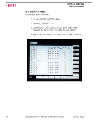 50 Fadal/Sinumerik 810D CNC: Definition of Offsets October 2000
SIEMENS CONTROL
Operator Manual
Fadal
Tool Diameter Input
To enter tool diameter offsets:
1) Press the OFFSET PARAM hard key.
2) Press the Tool List soft key.
3) Use the cursor keypad arrows, cursor down and over to
highlight the diameter (Ø symbol) for the desired tool.
4) Type in the diameter amount, then press the INPUT hard key.
 