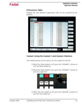 October 2000 Fadal/Sinumerik 810D CNC: Definition of Offsets 53
SIEMENS CONTROL
Operator Manual
Fadal
R Parameter Table
Displays the user defined R parameters that can be activated by the
program.
Coolant; Using the Coolant 1 and Coolant 2 Buttons
The coolant buttons can be used to turn the coolant on and off.
1) When the flood coolant is off, press the COOLANT 1 button to
turn the flood coolant on.
2) When the flood coolant is on, press the COOLANT 1 button to
turn the coolant off.
1) When the mist coolant is off, press the COOLANT 2 button to
turn the mist coolant on.
 