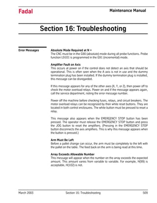 March 2003 Section 16: Troubleshooting 509
Fadal Maintenance Manual
Section 16: Troubleshooting
Error Messages Absolute Mode Required at N =
The CNC must be in the G90 (absolute) mode during all probe functions. Probe
function L9101 is programmed in the G91 (incremental) mode.
Amplifier Fault on Axis
This occurs at power on if the control does not detect an axis that should be
operational. This is often seen when the A axis is not in use and the dummy
termination plug has been installed. If the dummy termination plug is installed,
this message can be disregarded.
If this message appears for any of the other axes (X, Y, or Z), then power off to
check the motor overload relays. Power on and if the message appears again,
call the service department, noting the error message number.
Power off the machine before checking fuses, relays, and circuit breakers. The
motor overload relays can be recognized by their white reset buttons. They are
located in both control enclosures. The white button must be pressed to reset a
relay.
This message also appears when the EMERGENCY STOP button has been
pressed. The operator must release the EMERGENCY STOP button and press
the JOG button to reset the amplifiers. (Pressing in the EMERGENCY STOP
button disconnects the axis amplifiers. This is why this message appears when
the button is pressed.)
Arm Must Be Left
Before a pallet change can occur, the arm must be completely to the left with
the pallet on the table. The feed back on the arm is being read at this time.
Array Exceeds Allowable Number
This message will appear when the number on the array exceeds the expected
amount. This amount varies from variable to variable. For example, H(99) is
acceptable, H(102) is not.
 