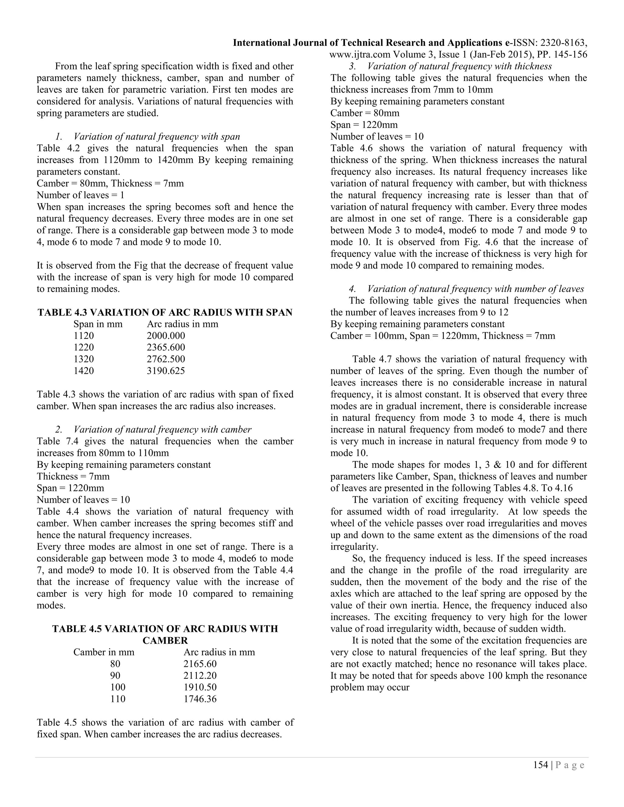 International Journal of Technical Research and Applications e-ISSN: 2320-8163,
www.ijtra.com Volume 3, Issue 1 (Jan-Feb 2015), PP. 145-156
154 | P a g e
From the leaf spring specification width is fixed and other
parameters namely thickness, camber, span and number of
leaves are taken for parametric variation. First ten modes are
considered for analysis. Variations of natural frequencies with
spring parameters are studied.
1. Variation of natural frequency with span
Table 4.2 gives the natural frequencies when the span
increases from 1120mm to 1420mm By keeping remaining
parameters constant.
Camber = 80mm, Thickness = 7mm
Number of leaves = 1
When span increases the spring becomes soft and hence the
natural frequency decreases. Every three modes are in one set
of range. There is a considerable gap between mode 3 to mode
4, mode 6 to mode 7 and mode 9 to mode 10.
It is observed from the Fig that the decrease of frequent value
with the increase of span is very high for mode 10 compared
to remaining modes.
TABLE 4.3 VARIATION OF ARC RADIUS WITH SPAN
Span in mm Arc radius in mm
1120 2000.000
1220 2365.600
1320 2762.500
1420 3190.625
Table 4.3 shows the variation of arc radius with span of fixed
camber. When span increases the arc radius also increases.
2. Variation of natural frequency with camber
Table 7.4 gives the natural frequencies when the camber
increases from 80mm to 110mm
By keeping remaining parameters constant
Thickness = 7mm
Span = 1220mm
Number of leaves = 10
Table 4.4 shows the variation of natural frequency with
camber. When camber increases the spring becomes stiff and
hence the natural frequency increases.
Every three modes are almost in one set of range. There is a
considerable gap between mode 3 to mode 4, mode6 to mode
7, and mode9 to mode 10. It is observed from the Table 4.4
that the increase of frequency value with the increase of
camber is very high for mode 10 compared to remaining
modes.
TABLE 4.5 VARIATION OF ARC RADIUS WITH
CAMBER
Camber in mm Arc radius in mm
80 2165.60
90 2112.20
100 1910.50
110 1746.36
Table 4.5 shows the variation of arc radius with camber of
fixed span. When camber increases the arc radius decreases.
3. Variation of natural frequency with thickness
The following table gives the natural frequencies when the
thickness increases from 7mm to 10mm
By keeping remaining parameters constant
Camber = 80mm
Span = 1220mm
Number of leaves = 10
Table 4.6 shows the variation of natural frequency with
thickness of the spring. When thickness increases the natural
frequency also increases. Its natural frequency increases like
variation of natural frequency with camber, but with thickness
the natural frequency increasing rate is lesser than that of
variation of natural frequency with camber. Every three modes
are almost in one set of range. There is a considerable gap
between Mode 3 to mode4, mode6 to mode 7 and mode 9 to
mode 10. It is observed from Fig. 4.6 that the increase of
frequency value with the increase of thickness is very high for
mode 9 and mode 10 compared to remaining modes.
4. Variation of natural frequency with number of leaves
The following table gives the natural frequencies when
the number of leaves increases from 9 to 12
By keeping remaining parameters constant
Camber = 100mm, Span = 1220mm, Thickness = 7mm
Table 4.7 shows the variation of natural frequency with
number of leaves of the spring. Even though the number of
leaves increases there is no considerable increase in natural
frequency, it is almost constant. It is observed that every three
modes are in gradual increment, there is considerable increase
in natural frequency from mode 3 to mode 4, there is much
increase in natural frequency from mode6 to mode7 and there
is very much in increase in natural frequency from mode 9 to
mode 10.
The mode shapes for modes 1, 3 & 10 and for different
parameters like Camber, Span, thickness of leaves and number
of leaves are presented in the following Tables 4.8. To 4.16
The variation of exciting frequency with vehicle speed
for assumed width of road irregularity. At low speeds the
wheel of the vehicle passes over road irregularities and moves
up and down to the same extent as the dimensions of the road
irregularity.
So, the frequency induced is less. If the speed increases
and the change in the profile of the road irregularity are
sudden, then the movement of the body and the rise of the
axles which are attached to the leaf spring are opposed by the
value of their own inertia. Hence, the frequency induced also
increases. The exciting frequency to very high for the lower
value of road irregularity width, because of sudden width.
It is noted that the some of the excitation frequencies are
very close to natural frequencies of the leaf spring. But they
are not exactly matched; hence no resonance will takes place.
It may be noted that for speeds above 100 kmph the resonance
problem may occur
 