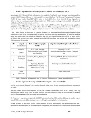 Krishan Kumar et al, International Journal of Computer Science and Mobile Computing, Vol.4 Issue.5, May- 2015, pg. 527-533
© 2015, IJCSMC All Rights Reserved 531
3. Mobile Chipset Prone to IMEIs change Attacks and tools used for Changing IMEIs
According to IDC [9] research India is fastest growing market in Asia-Pacific where Samsung leads the smartphone
market with 24 % share, followed by Micromax 20%, Lava and Karbonn 8%, Motorola 5%, Apple and Nokia and
Worldwide major market share 82.3 % [9] is taken by Android OS. Most of the Androids devices if gets lost or
stolen by thieves, when they reached to Black market their IMEIs number is changed with available software tools
and hardware fleshers without much problems.
Even some of the Apple iphone [10] is also prone to this attack and IMEIs could be changed with tools (e.g. Ziphone
[10]).Almost any mobile belongs to any brand and OS, their IMEIs are changeable with software or Hardware tool
support. As a result of this, there is huge loss in terms of money as well as important information and data.
Table 1 below list out the tools used for changing the IMEI’s of smartphone based on chipsets of various chipset
manufacturer. Most of the tools are available on internet free of cost and some are paid tools. So whenever someone
phone gets stolen or lost, IMEIs could be changed by Bad guys as a result it become very difficult for police to trace
the thieves. But in some cases, when someone having Bad IMEIs problem with mobile, it is not illegal to change
IMEI number of the mobiles.
S. No Chipset
manufacturer
Tools Used In changing the
IMEI’s
Chipset used by Mobile phone Manufacturer
1
MediaTek
(MTK)
MTK Droid Root and
Tools,MobileUncletool,SP flash
tool,SigmaKey,
Samsung, HTC, LG
,Motorola,Micromax,Lava,Lenavo, Panasonic
etc.
2
QualComm
Snapdragon
NV-items_Reader_Writer_tool.
Sigmakey
Samsung, NOKIA, HTC,LG,Lenavo,Xiomi,
Micromax etc.
3 Broadcom
Sigmakey, Repair 3G
tool,BrcmFlashTool_V2.0.7.0,
MultiFun Tool Setup
Samsung, Lava,Karbonn,Micromax etc.
4
Apple
A4,A5,A6
Ziphone Apple iphone, ipad
Table 1: listing the Software tools used for changing IMEI number of Various Branded Mobiles
4. Solution to prevent the change of IMEI and locating the Lost or Stolen Mobile
In order to prevent the change of IMEI number of mobile and to locate the lost or stolen mobiles some assumptions
are made.
i).Mobile handset manufacturer companies allocate IMEI number to each mobile based on the Country. It will help
in locating the mobiles easily across the world. To do so first there is need to change the basic structure of IMEI and
need to add extra bit for storing the country-wise information.
ii). Today every smartphone is equipped with GPS System on board as IMEI number, if Unique Id number is given
to each GPS system embedded on chipset board it will help in locating the lost or stolen device.
iii). On the basis of two above Ideas if a direct mapping is drawn between GPS and IMEI number such that a
checksum is calculated based on these two Unique Number and this calculated checksum could be stored on some
 