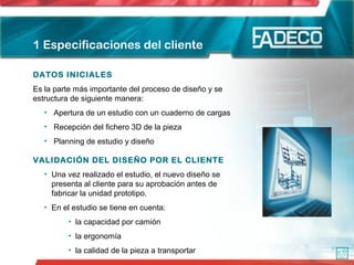 1 Especificaciones del cliente
DATOS INICIALES
Es la parte más importante del proceso de diseño y se
estructura de siguiente manera:
• Apertura de un estudio con un cuaderno de cargas
• Recepción del fichero 3D de la pieza
• Planning de estudio y diseño
VALIDACIÓN DEL DISEÑO POR EL CLIENTE
• Una vez realizado el estudio, el nuevo diseño se
presenta al cliente para su aprobación antes de
fabricar la unidad prototipo.
• En el estudio se tiene en cuenta:
• la capacidad por camión
• la ergonomía
• la calidad de la pieza a transportar
 
