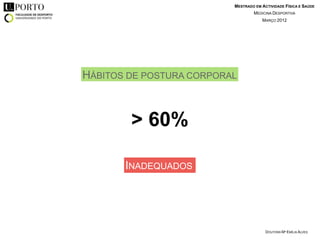 MESTRADO EM ACTIVIDADE FÍSICA E SAÚDE
                                  MEDICINA DESPORTIVA
                                      MARÇO 2012




HÁBITOS DE POSTURA CORPORAL



        > 60%

       INADEQUADOS




                                        DOUTORA Mª EMÍLIA ALVES
 