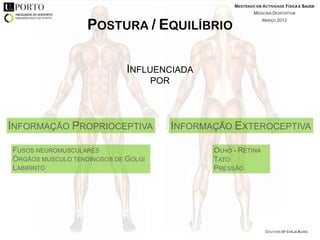 MESTRADO EM ACTIVIDADE FÍSICA E SAÚDE
                                                               MEDICINA DESPORTIVA


                   POSTURA / EQUILÍBRIO
                                                                   MARÇO 2012




                             INFLUENCIADA
                                     POR




INFORMAÇÃO PROPRIOCEPTIVA                  INFORMAÇÃO EXTEROCEPTIVA

FUSOS NEUROMUSCULARES                             OLHO - RETINA
ÓRGÃOS MUSCULO TENDINOSOS DE GOLGI                TATO
LABIRINTO                                         PRESSÃO




                                                                     DOUTORA Mª EMÍLIA ALVES
 