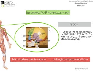 MESTRADO EM ACTIVIDADE FÍSICA E SAÚDE
                                                      MEDICINA DESPORTIVA
                                                           MARÇO 2012




           INFORMAÇÃO PROPRIOCEPTIVA


                                                BOCA

                                    ENTRADA       P R O P R I O C E P T I VA
                                    I M P O R TA N T E AT R AV É S D A
                                    ARTICULAÇÃO TEMPORO-
                                    MANDIBULAR (ATM)




Má oclusão ou dente cariado   disfunção temporo-mandibular


                                                        DOUTORA Mª EMÍLIA ALVES
 