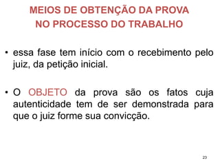 MEIOS DE OBTENÇÃO DA PROVA 
NO PROCESSO DO TRABALHO 
•essafaseteminíciocomorecebimentopelojuiz,dapetiçãoinicial. 
•OOBJETOdaprovasãoosfatoscujaautenticidadetemdeserdemonstradaparaqueojuizformesuaconvicção. 
23 
 