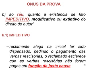 ÔNUS DA PROVA 
b)aoréu,quantoaexistênciadefatoIMPEDITIVO,modificativoouextintivododireitodoautor” 
b.1)IMPEDITIVO 
–reclamantealeganainicialtersidodispensado,pedindoopagamentodasverbasrescisórias;oreclamadoesclarecequeasverbasrescisóriasnãoforampagasemfunçãodajustacausa 35 
 