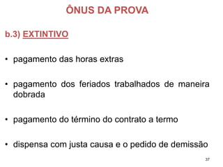 ÔNUS DA PROVA 
b.3) EXTINTIVO 
•pagamento das horas extras 
•pagamentodosferiadostrabalhadosdemaneiradobrada 
•pagamento do término do contrato a termo 
•dispensa com justa causa e o pedido de demissão 
37 
