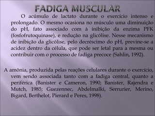 O acúmulo de lactato durante o exercício intenso e
prolongado. O mesmo ocasiona no músculo uma diminuição
do pH, fato associado com à inibição da enzima PFK
(fosfofrutoquinase), e redução na glicólise. Nesse mecanismo
de inibição da glicólise, pelo decréscimo do pH, previne-se a
acidez dentro da célula, que pode ser letal para a mesma ou
contribuir com o processo de fadiga precoce (Sahlin, 1992).
A amônia, produzida pelas reações celulares durante o exercício,
vem sendo associada tanto com a fadiga central, quanto a
periférica (Banister e Cameron, 1990; Banister, Rajendra e
Mutch, 1985; Guezennec, Abdelmalki, Serrurier, Merino,
Bigard, Berthelot, Pierard e Peres, 1998).
 
