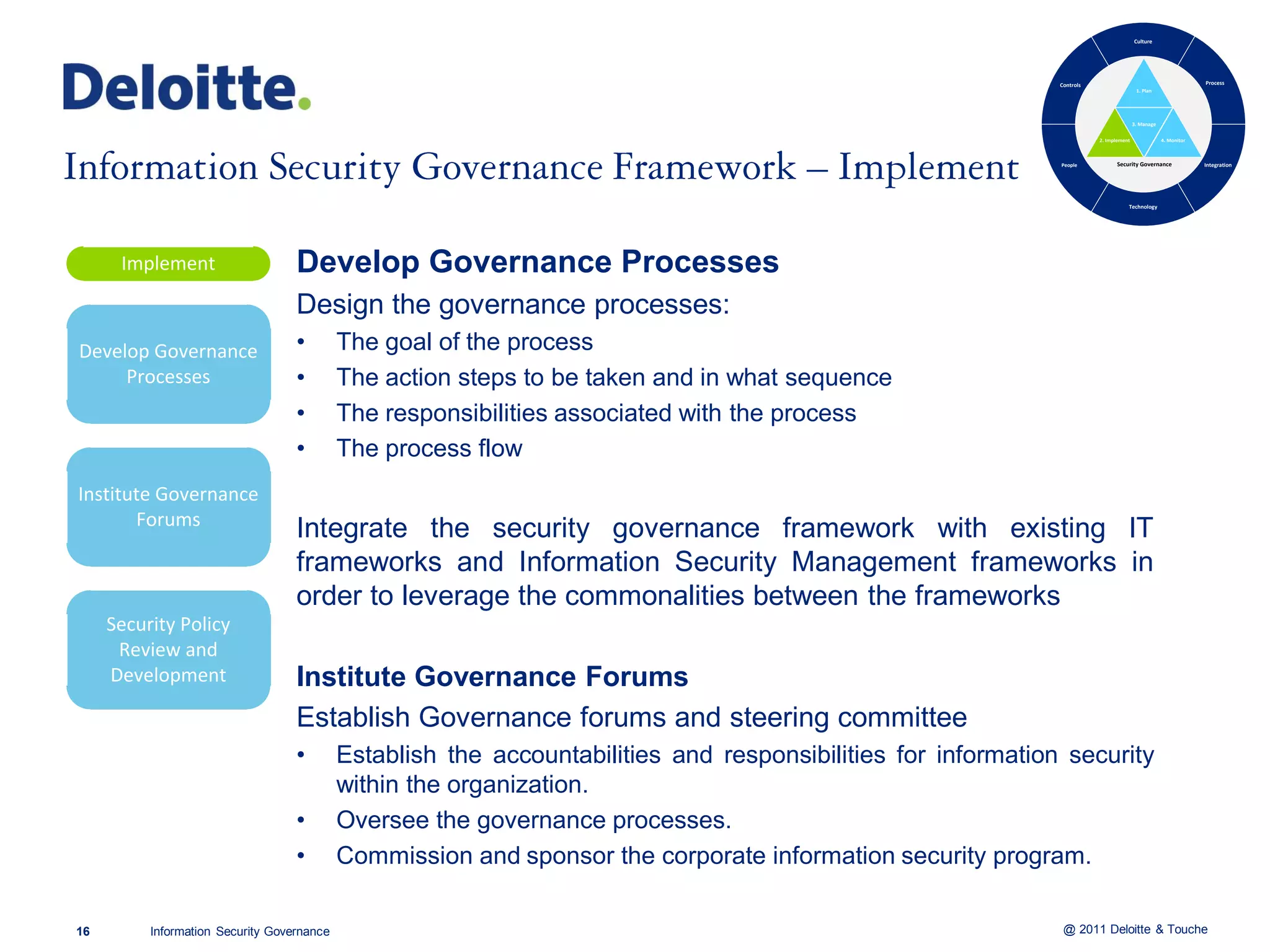 Culture




                                                                                                               Controls                                           Process
                                                                                                                                          1. Plan




                                                                                                                                         3. Manage

                                                                                                                          2. Implement               4. Monitor



                                                                                                               People           Security Governance               Integration




                                                                                                                                     Technology




      Implement                    Develop Governance Processes
                                   Design the governance processes:
Develop Governance                 •        The goal of the process
     Processes                     •        The action steps to be taken and in what sequence
                                   •        The responsibilities associated with the process
                                   •        The process flow
Institute Governance
       Forums
                                   Integrate the security governance framework with existing IT
                                   frameworks and Information Security Management frameworks in
                                   order to leverage the commonalities between the frameworks
     Security Policy
      Review and
     Development                   Institute Governance Forums
                                   Establish Governance forums and steering committee
                                   •        Establish the accountabilities and responsibilities for information security
                                            within the organization.
                                   •        Oversee the governance processes.
                                   •        Commission and sponsor the corporate information security program.

16        Information Security Governance                                                                       @ 2011 Deloitte & Touche
 