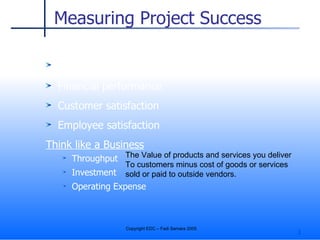 Measuring Project Success Typical Project Success Metrics Project/process execution  Financial performance Customer satisfaction Employee satisfaction Think like a Business Throughput Investment Operating Expense The Value of products and services you deliver To customers minus cost of goods or services sold or paid to outside vendors. 