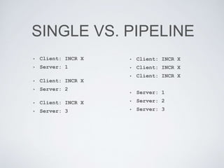 • Client: INCR X
• Server: 1
• Client: INCR X
• Server: 2
• Client: INCR X
• Server: 3
• Client: INCR X
• Client: INCR X
• Client: INCR X
• Server: 1
• Server: 2
• Server: 3
SINGLE VS. PIPELINE
 