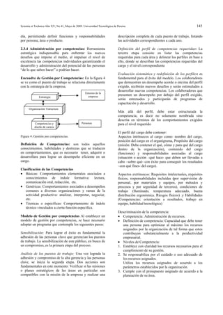 Scientia et Technica Año XV, No 41, Mayo de 2009. Universidad Tecnológica de Pereira.                                               145

día, permitiendo definir funciones y responsabilidades                        descripción completa de cada puesto de trabajo, listando
por persona, área o producto.                                                 las actividades correspondientes a cada uno.

2.3.4 Administración por competencias: Herramienta                            Definición del perfil de competencias requeridas: La
estratégica indispensable para enfrentar los nuevos                           tercera etapa consiste en listar las competencias
desafíos que impone el medio, al impulsar el nivel de                         requeridas para cada área y delinear los perfiles en base a
excelencia las competencias individuales garantizando el                      ello, donde se describan las competencias requeridas del
desarrollo y administración del potencial de las personas                     cargo y el nivel correspondiente
“de lo que saben hacer” o podrían hacer.
                                                                              Evaluación sistemática y redefinición de los perfiles: es
Encuadre de Gestión por Competencias: En la figura 4                          fundamental para el éxito del modelo. Los colaboradores
se ve como el puesto de trabajo se relaciona directamente                     que demuestren un desempeño acorde o encima del perfil
con la estrategia de la empresa.                                              exigido, recibirán nuevos desafíos y serán estimulados a
                                                                              desarrollar nuevas competencias. Los colaboradores que
                                                    Entorno de la
                                                      empresa
                                                                              presenten un desempeño por debajo del perfil exigido,
              Estrategia
                                                                              serán entrenados y participarán de programas de
                                                                              capacitación y desarrollo.
      Organización/ Estructura
                                                                              Más allá del perfil, debe estar estructurada la
                                                                              competencia; es decir no solamente nombrada sino
                                                                              descrita en términos de los comportamientos exigidos
           Competencias y                        Personas                     para el nivel requerido
           diseño de cargos
                                                                              El perfil del cargo debe contener:
Figura 4: Gestión por competencias.                                           Aspectos intrínsecos al cargo como: nombre del cargo,
                                                                              posición del cargo en el organigrama, Propósito del cargo
Definición de Competencias: son todos aquellos                                (misión: Debe contener el qué, cómo y para qué del cargo
conocimientos, habilidades y destrezas que se traducen                        dentro de la organización), contenido del cargo
en comportamientos, que es necesario tener, adquirir o                        (funciones) y responsabilidades asociadas al cargo
desarrollara para lograr un desempeño eficiente en un                         (situación o acción –qué hace- que deben ser llevadas a
cargo.                                                                        cabo –sobre qué- con éxito para conseguir los resultados
                                                                              –con qué fines- del cargo).
Clasificación de las Competencias
• Básicas: Comportamientos elementales asociados a                            Aspectos extrínsecos: Requisitos intelectuales, requisitos
   conocimientos de índole formativa: lectura,                                físicos, responsabilidades incluidas (por supervisión de
   comunicación oral, redacción, etc.                                         personal, por materiales y equipos, por métodos y
• Genéricas: Comportamientos asociados a desempeños                           procesos y por seguridad de terceros), condiciones de
   comunes a diversas organizaciones y ramas de la                            trabajo (Iluminado, temperatura adecuado, buena
   actividad productiva: analizar, interpretar, negociar,                     distribución ergonómica. Riesgos físicos) .y Habilidades
   etc.                                                                       (Competencias: orientación a resultados, trabajo en
• Técnicas o específicas: Comportamiento de índole                            equipo, habilidad tecnológica)
   técnico vinculados a cierta función específica.
                                                                              Descriminación de la competencia:
Modelo de Gestión por competencias Al establecer un                           • Competencia: Administración de recursos.
modelo de gestión por competencias, se hace necesario                         • Definición de competencia: Capacidad que debe tener
adoptar un programa que contempla los siguientes pasos:                          una persona para optimizar al máximo los recursos
                                                                                 asignados por la organización de tal forma que estos
Sensibilización: Para lograr el éxito es fundamental la                          contribuyan substancialmente a la productividad
adhesión de las personas clave que gerencian los puestos                         empresarial.
de trabajo. La sensibilización de este público, en busca de                   • Niveles de Competencia:
un compromiso, es la primera etapa del proceso.                               1. Establece con claridad los recursos necesarios para el
                                                                                 cumplimiento de su gestión.
Análisis de los puestos de trabajo: Una vez lograda la                        2. Se responsabiliza por el cuidado o uso adecuado de
adhesión y compromiso de la alta gerencia y las personas                         los recursos asignados.
clave, se inicia la segunda etapa. Dos acciones son                              Utiliza los recursos asignados de acuerdo a los
fundamentales en este momento: Verificar si las misiones                         parámetros establecidos por la organización.
o planes estratégicos de las áreas en particular son                          3. Cumple con el presupuesto asignado de acuerdo a la
compatibles con la misión de la empresa y realizar una                           planeación de su área.
 