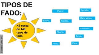TIPOS DE
FADO:
Há cerca
de 140
tipos de
fado. Tango,
Franklin,
Alberto,
Maria Vitória,
Marceneiro,
Viana
Bailado,
Carriche,Pierrot
Pinóia
©coletivoturma6º5
 