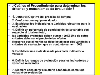 ¿Cuál es el Procedimiento para determinar los criterios y mecanismos de evaluación? 1 . Definir el Objetivo del proceso de compra 2. Conformar un equipo evaluador 3. Establecer los indicadores o variables relevantes para la evaluación 4. Definir un porcentaje de ponderación de la variable con respecto al total (en total, las variables evaluadas deben sumar 100%) Uno de estos criterios debe ser el precio de las ofertas.  Recuerde que al menos se debe establecer dos variables o criterios de evaluación que en conjunto sumen 100% 5. Establecer una meta deseada para cada indicador o variable 6. Definir los rangos de evaluación para los indicadores o variables relevantes 7. Siempre considerar a la oferta económica como una variable de evaluación 