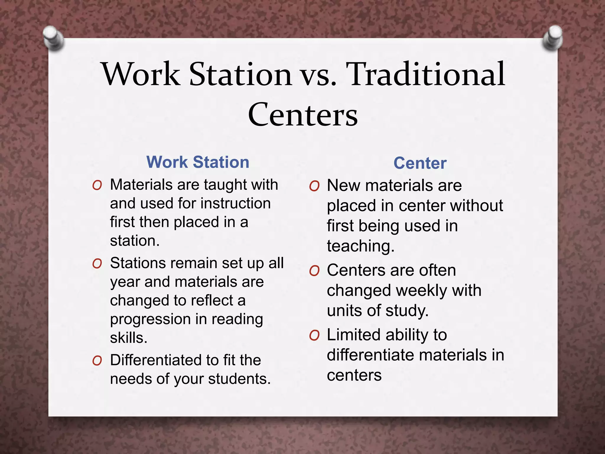 Work Station vs. Traditional
Centers
Work Station Center
O Materials are taught with
and used for instruction
first then placed in a
station.
O Stations remain set up all
year and materials are
changed to reflect a
progression in reading
skills.
O Differentiated to fit the
needs of your students.
O New materials are
placed in center without
first being used in
teaching.
O Centers are often
changed weekly with
units of study.
O Limited ability to
differentiate materials in
centers
 
