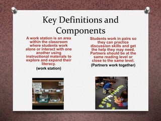 Key Definitions and
Components
A work station is an area
within the classroom
where students work
alone or interact with one
another using
instructional materials to
explore and expand their
literacy.
(work station)
Students work in pairs so
they can practice
discussion skills and get
the help they may need.
Partners should be at the
same reading level or
close to the same level.
(Partners work together)
 