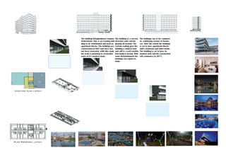 The building Belagtindienst Emmen,
Netherlands: This is an Existing buil-
ding to be refurbished and used as
apartment blocks. The building was
constructed in1967 and since has
not been renovated, wiith this study
the team is planning to reconsider
some of it’s modern looks
The building is a cncrete
structure with cutrain
glazing all around. The
Curtain walling gave the
building a modern look
and still is a well establis-
hed modern desing. With
some Refurbishment the
builidng can regain its
looks
The buldings use is for commeri-
al, combining various of busine-
ses. After the refurb the building
is set to have apartment blocks
with a bedroom and toilet inside.
The buidling is set to have its
modern look and the constuction
will commence in 2017,
Plan Proposal layout
exisiting plan layout
 