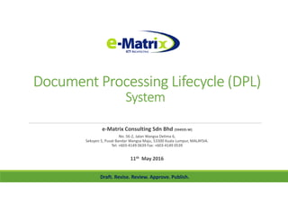 Document Processing Lifecycle (DPL)Document Processing Lifecycle (DPL)Document Processing Lifecycle (DPL)Document Processing Lifecycle (DPL)
SystemSystemSystemSystem
e-Matrix Consulting Sdn Bhd (594935-W)
No. 56-2, Jalan Wangsa Delima 6,
Seksyen 5, Pusat Bandar Wangsa Maju, 53300 Kuala Lumpur, MALAYSIA.
Tel: +603-4149 0639 Fax: +603-4149 0539
11th May 2016
Draft. Revise. Review. Approve. Publish.
 