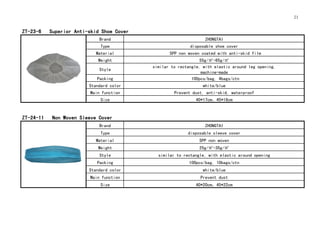 21
ZT-23-6 Superior Anti-skid Shoe Cover
Brand ZHONGTAI
Type disposable shoe cover
Material SPP non woven coated with anti-skid film
Weight 55g/㎡-65g/㎡
Style
similar to rectangle, with elastic around leg opening,
machine-made
Packing 100pcs/bag, 4bags/ctn
Standard color white/blue
Main function Prevent dust, anti-skid, waterproof
Size 40*17cm，45*18cm
ZT-24-11 Non Woven Sleeve Cover
Brand ZHONGTAI
Type disposable sleeve cover
Material SPP non woven
Weight 25g/㎡-35g/㎡
Style similar to rectangle, with elastic around opening
Packing 100pcs/bag, 10bags/ctn
Standard color white/blue
Main function Prevent dust
Size 40*20cm，45*22cm
 