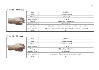 24
ZT-24-23 PVC Glove
Brand ZHONGTAI
Type disposable glove
Material polyvinyl
Specification L, M, S
Packing 100pcs/box, 10boxes/ctn
Standard color transparent
Advantage not allergic, resistance to week acid and alkali, antistatic
Main function hygiene, food process, chemical industry, electronic industry
Size 9”
ZT-24-24 PE Glove
Brand ZHONGTAI
Type disposable glove
Material polyethylene ( PE)
Specification L, M, S
Packing 100pcs/bag, 10bags/ctn
Standard color transparent
Main function examination, food process, electronic industry
Size 9”
 