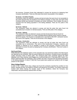 25
the structure. Company forces then attempted to access the structure by displaying their
Company identification. There are 382 poles that remain inaccessible in this category.
No Access – Con Edison Property
Contractors made one attempt to access and test all poles that were found not accessible to
the public because they are located on Con Edison’s property. In each case, the name of the
Company facility was recorded to facilitate any further verification. Once verified, the pole is
removed from the testing population in the testing database. There are 472 poles in this
category.
No Access – Railroad
The contractors made one attempt to access and test the poles that were found not
accessible due to location on railroad property. There are 565 poles in this category.
No Access – Highway
The contractors make one attempt to access and test all structures that are found not
accessible due to a location on a major city/state/national highway and/or require a special
permit for access. The structure is not tested and is recorded as NA-HWY; contractor records
the name of the highway. There are 36 structures in this category.
No Access – Construction
The contractors made two attempts to access and test all poles that were found not
accessible due to construction. The name of the Construction Company, customer, and
address is obtained so as to facilitate a re-field of the structure. Company forces then
attempted to access the pole by displaying their Company identification. There are 5 poles in
this category.
Not Found Poles
Poles that are in the database and/or on the corporate map, but cannot be located in the field require
two attempts by the contractor. After the second attempt by contractors, Company forces conducted a
quality assurance check of these poles. The not-found poles were compared against the 2007
database, and if they matched, were flagged as a confirmed data error. If the poles didn’t match, Con
Edison performed field visit verification. Once verified, the pole is removed from the testing population
in the testing database. A total of 7,840 Not Found poles were audited and verified to be no longer
present on the system.
Stray Voltage Repairs
In each of the 7 cases where stray voltage was found the contractor reported the condition to Con
Edison, guarded the site, and waited on location until relieved by Con Edison. Con Edison made each
location safe before leaving the location. Each of the conditions, where the Company was
responsible, was permanently repaired within 45 days.
 