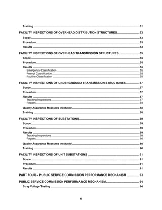 6
Training.................................................................................................................................................51
FACILITY INSPECTIONS OF OVERHEAD DISTRIBUTION STRUCTURES...........................53
Scope ....................................................................................................................................................53
Procedure .............................................................................................................................................53
Results ..................................................................................................................................................53
FACILITY INSPECTIONS OF OVERHEAD TRANSMISSION STRUCTURES.........................55
Scope ....................................................................................................................................................55
Procedure .............................................................................................................................................55
Results ..................................................................................................................................................55
Emergency Classification .................................................................................................................55
Prompt Classification........................................................................................................................55
Routine Classification .......................................................................................................................55
FACILITY INSPECTIONS OF UNDERGROUND TRANSMISSION STRUCTURES.................57
Scope ....................................................................................................................................................57
Procedure .............................................................................................................................................57
Results ..................................................................................................................................................57
Tracking Inspections.........................................................................................................................57
Repairs..............................................................................................................................................58
Quality Assurance Measures Instituted ............................................................................................58
Training.................................................................................................................................................58
FACILITY INSPECTIONS OF SUBSTATIONS..........................................................................59
Scope ....................................................................................................................................................59
Procedure .............................................................................................................................................59
Results ..................................................................................................................................................59
Tracking Inspections.........................................................................................................................59
Repairs..............................................................................................................................................60
Quality Assurance Measures Instituted ............................................................................................60
Training.................................................................................................................................................60
FACILITY INSPECTIONS OF UNIT SUBSTATIONS ................................................................61
Scope ....................................................................................................................................................61
Procedure .............................................................................................................................................61
Results ..................................................................................................................................................61
PART FOUR – PUBLIC SERVICE COMMISSION PERFORMANCE MECHANISM................63
PUBLIC SERVICE COMMISSION PERFORMANCE MECHANISM.........................................64
Stray Voltage Testing ..........................................................................................................................64
 