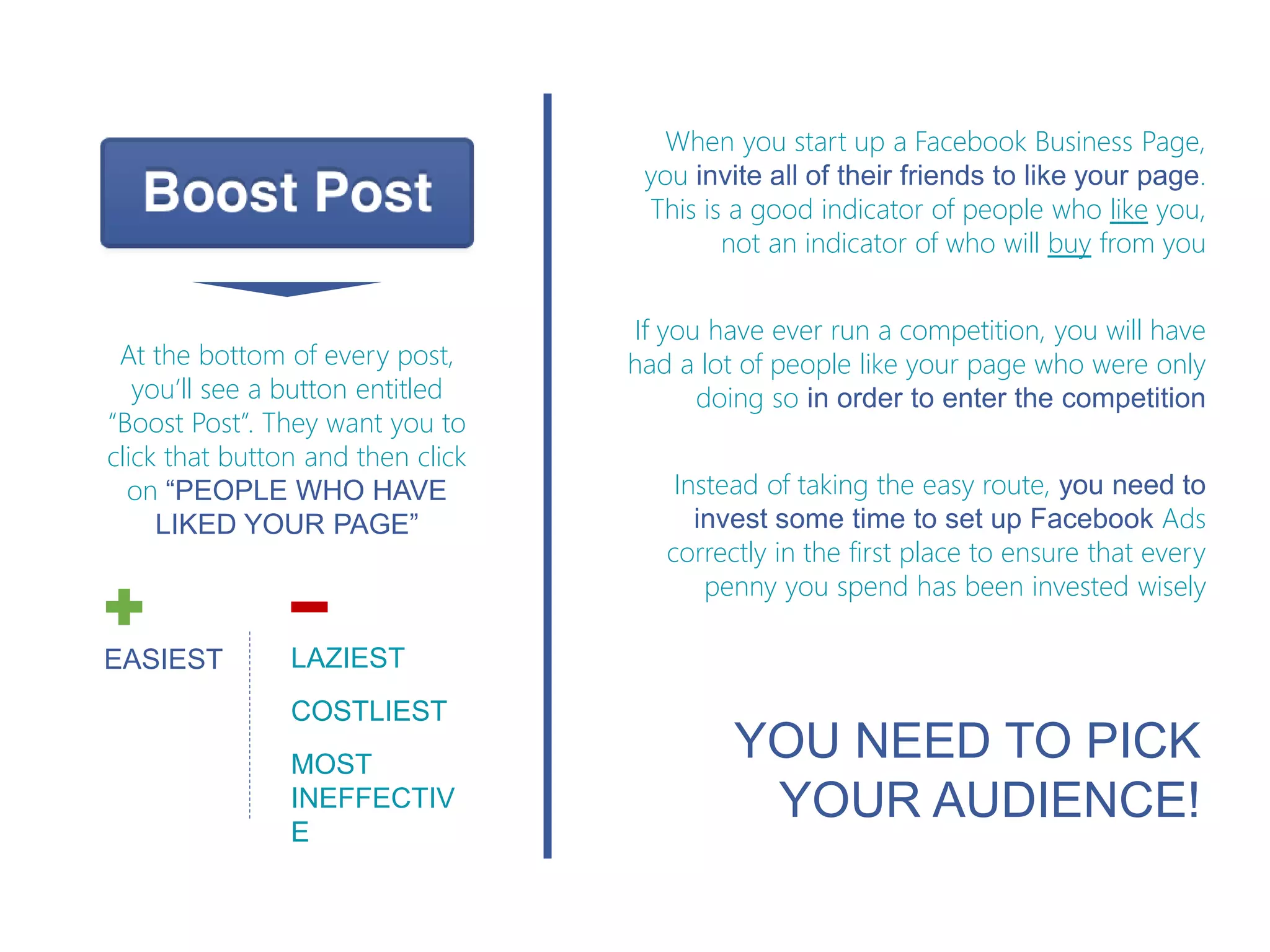 At the bottom of every post,
you’ll see a button entitled
“Boost Post”. They want you to
click that button and then click
on “PEOPLE WHO HAVE
LIKED YOUR PAGE”
EASIEST LAZIEST
COSTLIEST
MOST
INEFFECTIV
E
When you start up a Facebook Business Page,
you invite all of their friends to like your page.
This is a good indicator of people who like you,
not an indicator of who will buy from you
If you have ever run a competition, you will have
had a lot of people like your page who were only
doing so in order to enter the competition
Instead of taking the easy route, you need to
invest some time to set up Facebook Ads
correctly in the first place to ensure that every
penny you spend has been invested wisely
YOU NEED TO PICK
YOUR AUDIENCE!
 