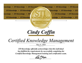 Cindy Coffin
Certified Knowledge Management
STI Knowledge officially acknowledges that this individual
has fulfilled the requirements by successfully completing the
Certified Knowledge Management training and certification exam.
May 8, 2005
 