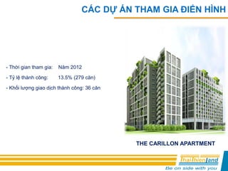CÁC DỰ ÁN THAM GIA ĐIỂN HÌNH
THE CARILLON APARTMENT
- Thời gian tham gia: Năm 2012
- Tỷ lệ thành công: 13.5% (279 căn)
- Khối lượng giao dịch thành công: 36 căn
 