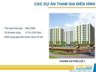CHUNG CƯ PHÚ LỢI 1
- Thời gian tham gia: Năm 2009
- Tỷ lệ thành công: 17.2% (330 Căn)
- Khối lượng giao dịch thành công: 57 căn
CÁC DỰ ÁN THAM GIA ĐIỂN HÌNH
 
