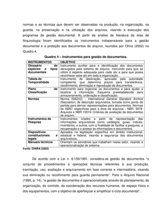 normas e as técnicas que devem ser observadas na produção, na organização, na
guarda, na preservação e na utilização dos arquivos, visando à execução dos
programas de gestão documental. A partir da análise de literatura da área de
Arquivologia foram identificados os instrumentos indispensáveis para a gestão
documental e a proteção aos documentos de arquivo, reunidos por Ohira (2002) no
Quadro 4.
Quadro 4 – Instrumentos para gestão de documentos.
INSTRUMENTOS OBJETIVO
Glossário de
espécies e tipos
documentais
Instrumento auxiliar para a identificação dos documentos
abrangidos pelo sistema de arquivo, instruindo para que se
utilize à espécie adequada para cada ato e para que possa
reconhecer esse ato em toda a organização.
Tabela de
Temporalidade
Instrumento de destinação, aprovado pela autoridade
competente, que determina prazos para transferência,
recolhimento, eliminação e reprodução de documentos.
Plano de
Classificação
Instrumento para organizar os documentos e para ajudar a
localizar a informação. Esquema preestabelecido para
armazenamento, ordenação e classificação.
Normas Norma ISAD(G) - International General Standard Archive
Description, de descrição arquivística, tomada como ponto de
partida para derivar representações para documentos. Normas
da ABNT específicas para a área de arquivos - NBR. 9578:
Arquivos e NBR 10519: Critérios de avaliação de documentos
de arquivo
Instrumentos de
Pesquisa
Instrumentos criados a partir da representação das
informações arquivísticas como catálogos, guias, índices,
inventários, e outros, com a finalidade de facilitar a pesquisa, a
recuperação e o acesso às informações e documentos.
Dispositivos
constitucionais e
legais
Apoiados na legislação específica em âmbito institucional,
estadual e federal, visando à segurança dos documentos
arquivísticos.
Manuais técnicos Orientam os servidores que trabalham nesse setor, visando a
operacionalização do sistema.
Fonte: OHIRA (2003)
De acordo com a Lei n. 8.159/1991, considera-se gestão de documentos “o
conjunto de procedimentos e operações técnicas referentes à sua produção,
tramitação, uso, avaliação e arquivamento em fase corrente e intermediária, visando
sua eliminação ou recolhimento para guarda permanente”. Para o Arquivo Nacional
(1995, p. 14), “a gestão de documentos é operacionalizada através do planejamento, da
organização, do controle, da coordenação dos recursos humanos, do espaço físico e
dos equipamentos, com o objetivo de aperfeiçoar e simplificar o ciclo documental”.
 