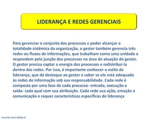 LIDERANÇA E REDES GERENCIAIS


          Para gerenciar o conjunto dos processos e poder alcançar a
          totalidade sistêmica da organização, o gestor também gerencia três
          redes ou fluxos de informações, que trabalham como uma unidade e
          respondem pela junção dos processos na área de atuação do gestor.
          O gestor precisa captar a energia dos processos e redistribuí-la
          dentro das redes. Por isso, é importante conhecer o estilo de
          liderança, que dá destaque ao gestor e saber se ele está adequado
          às redes de informação sob sua responsabilidade. Cada rede é
          composta por uma fase de cada processo- entrada, execução e
          saída- cada qual com sua atribuição. Cada rede usa ação, emoção e
          comunicação e requer características específicas de liderança



leopoldo.oliveira@fgv.br
 