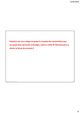 15/09/2010




      Debatam com seus colegas do grupo A a respeito das características que
      seu grupo deve apresentar (estratégia, cultura e estilo de liderança) para se
      alinhar às forças do mercado A




leopoldo.oliveira@fgv.br                                                                31




                                                                                             31
 