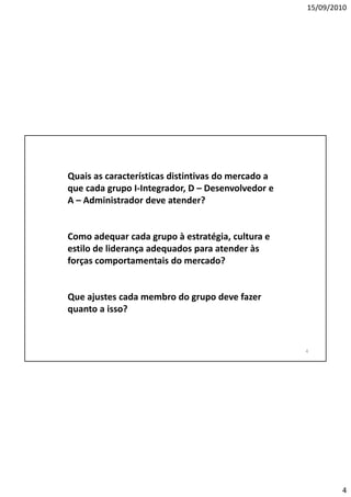 15/09/2010




Quais as características distintivas do mercado a
q
que cada grupo I-Integrador, D – Desenvolvedor e
          g p         g       ,
A – Administrador deve atender?


Como adequar cada grupo à estratégia, cultura e
estilo de liderança adequados para atender às
forças comportamentais do mercado?


Que ajustes cada membro do grupo deve fazer
quanto a isso?



                                                    4




                                                            4
 