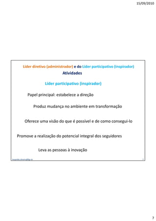 15/09/2010




            Líder diretivo (administrador) e do Líder participativo (inspirador)
                                         Atividades

                                Líder participativo (inspirador)
                                      p      p      ( p        )

                 Papel principal: estabelece a direção

                           Produz mudança no ambiente em transformação


              Oferece uma visão do que é possível e de como consegui-lo


     Promove a realização do potencial integral dos seguidores


                             Leva as pessoas à inovação
leopoldo.oliveira@fgv.br                                                              7




                                                                                           7
 