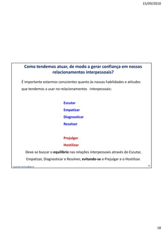 15/09/2010




            Como tendemos atuar, de modo a gerar confiança em nossos
                       relacionamentos interpessoais?

         É importante estarmos conscientes quanto às nossas habilidades e atitudes
         que tendemos a usar no relacionamentos interpessoais:


                                      Escutar
                                      Empatizar
                                      Diagnosticar
                                      Resolver


                                      Prejulgar
                                      Hostilizar
              Deve-se buscar o equilíbrio nas relações interpessoais através do Escutar,
              Empatizar, Diagnosticar e Resolver, evitando-se o Prejulgar e o Hostilizar.
leopoldo.oliveira@fgv.br                                                                      18




                                                                                                   18
 