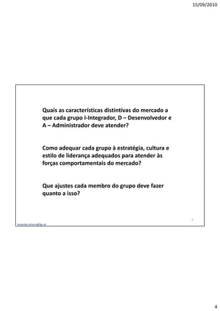 15/09/2010




                    Quais as características distintivas do mercado a
                    q
                    que cada grupo I-Integrador, D – Desenvolvedor e
                              g p         g       ,
                    A – Administrador deve atender?


                    Como adequar cada grupo à estratégia, cultura e
                    estilo de liderança adequados para atender às
                    forças comportamentais do mercado?


                    Que ajustes cada membro do grupo deve fazer
                    quanto a isso?



                                                                        4
leopoldo.oliveira@fgv.br




                                                                                4
 