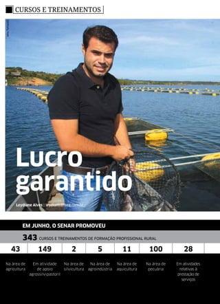 CURSOS E TREINAMENTOS
Lucro
garantido
Leydiane Alves | leydiane@faeg.com.br
JanaTomazelli
EM JUNHO, O SENAR PROMOVEU
343 CURSOS E TREINAMENTOS DE FORMAÇÃO PROFISSIONAL RURAL
43 149 2 5 11 100 28
Na área de
agricultura
Em atividade
de apoio
agrossilvipastoril
Na área de
silvicultura
Na área de
agroindústria
Na área de
aquicultura
Na área de
pecuária
Em atividades
relativas à
prestação de
serviços
 