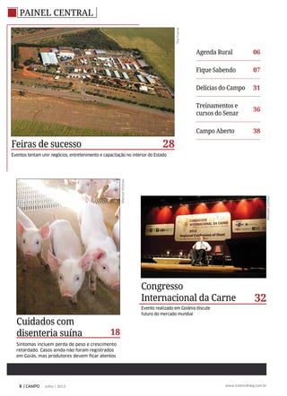 PAINEL CENTRAL
Feiras de sucesso
Congresso
Internacional da Carne
Eventos tentam unir negócios, entretenimento e capacitação no interior do Estado
Evento realizado em Goiânia discute
futuro do mercado mundial
Agenda Rural 06
Fique Sabendo 07
Delícias do Campo 31
Campo Aberto 38
Treinamentos e
cursos do Senar
36
Cuidados com
disenteria suína
Sintomas incluem perda de peso e crescimento
retardado. Casos ainda não foram registrados
em Goiás, mas produtores devem ficar atentos
18
28
32
TheFrame
MarcusVinícius
MendelCortizo
4 | CAMPO Julho / 2013 www.sistemafaeg.com.br
 