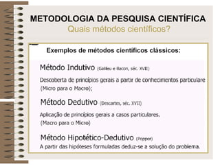 METODOLOGIA DA PESQUISA CIENTÍFICA
Quais métodos científicos?
 