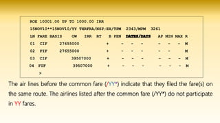 The air lines before the common fare (/YY*) indicate that they filed the fare(s) on
the same route. The airlines listed after the common fare (/YY*) do not participate
in YY fares.
ROE 10001.00 UP TO 1000.00 IRR
15NOV10**15NOV10/YY THRFRA/NSP;EH/TPM 2343/MPM 3261
LN FARE BASIS OW IRR RT B PEN AP MIN MAX R
01 CIF 27655000 + - - - - - - M
02 FIF 27655000 + - - - - - M
03 CIF 39507000 + - - - - - - M
04 FIF 39507000 + - - - - - - M
>
 