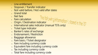 1. Line entitlement
2. Stopover / Transfer indicator
3. Not valid before / Not valid after dates
4. Grand total
5. Net fare
6. Fare calculation
7. Origin / Destination indicator
8. International sales indicator (manual TSTs only)
9. Ticket type indicator
10. Banker’s rates of exchange
11. Endorsement / Restriction
12. Baggage allowance
13. Fare basis / Ticket designator
14. Fare including currency code
15. Equivalent fare including currency code
16. Tax including currency code
17. Total fare including currency code
 