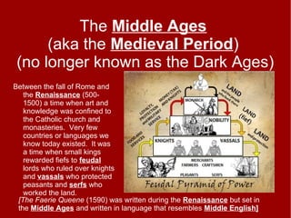 The Middle Ages
(aka the Medieval Period)
(no longer known as the Dark Ages)
Between the fall of Rome and
the Renaissance (500-
1500) a time when art and
knowledge was confined to
the Catholic church and
monasteries. Very few
countries or languages we
know today existed. It was
a time when small kings
rewarded fiefs to feudal
lords who ruled over knights
and vassals who protected
peasants and serfs who
worked the land.
[The Faerie Queene (1590) was written during the Renaissance but set in
the Middle Ages and written in language that resembles Middle English]
 