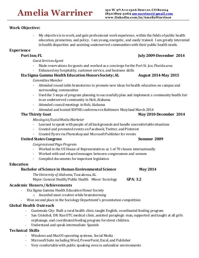 Amelia Warriner Public Health Resume Amelia Warriner Public Health Resume