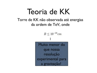 Teoria de KK
Muito menor do
que nossa
resolução
experimental para
a gravitação!
Torre de KK não observada até energias
da ordem de TeV, onde
 